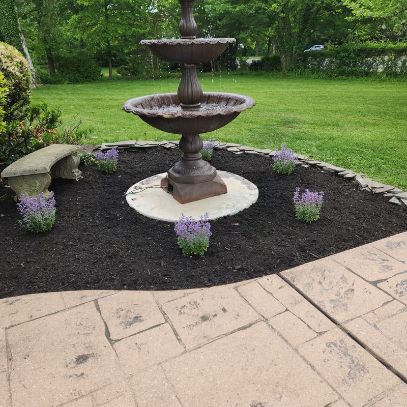 Garden fountain with stone edging and lavender